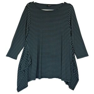 Lisa Bayne‎ Striped Sharkbite Hem Tunic Top Sz M Blue Black Asymmetric Flowy